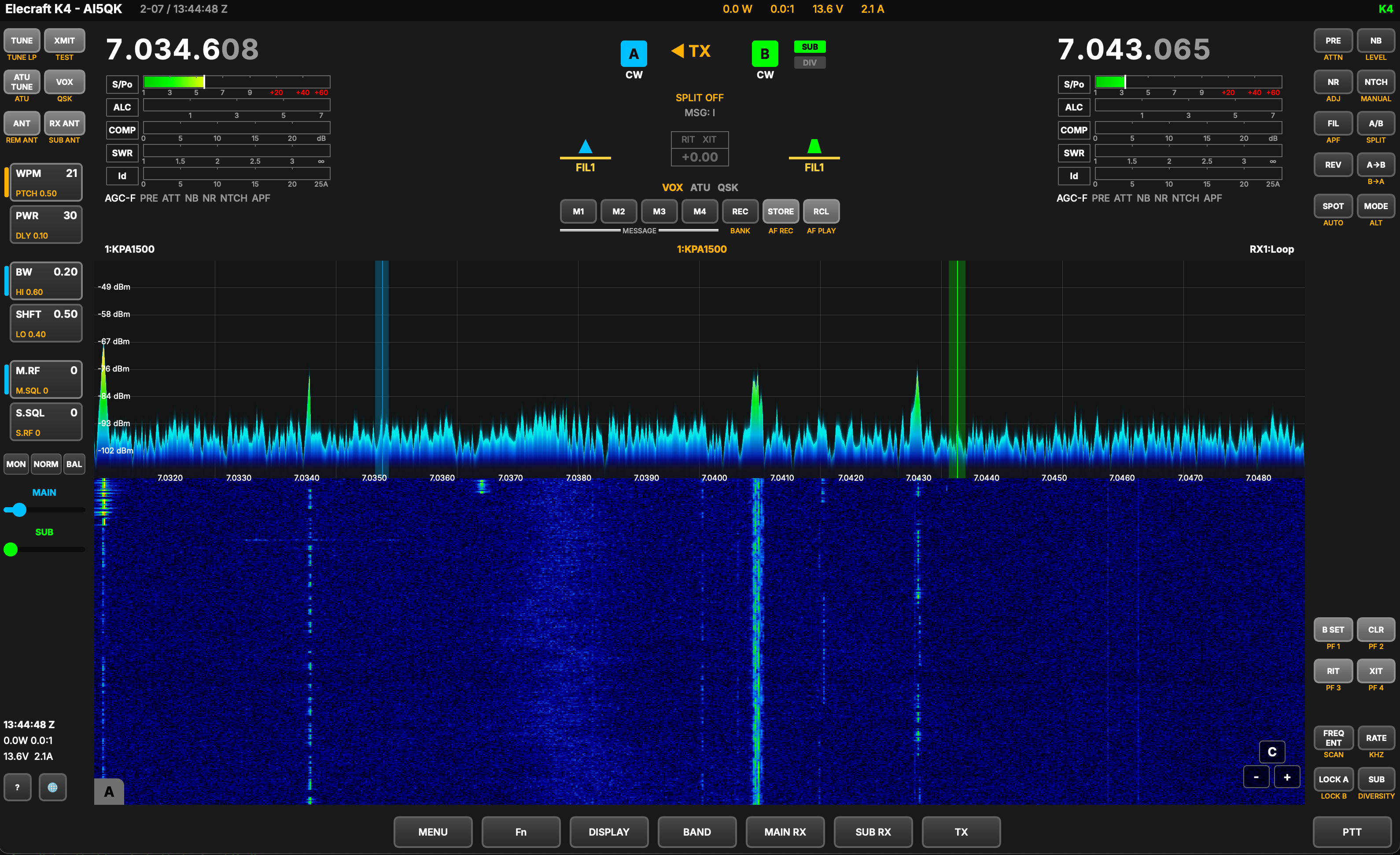 QK4 connected to an Elecraft K4 showing spectrum and waterfall display on 40m CW